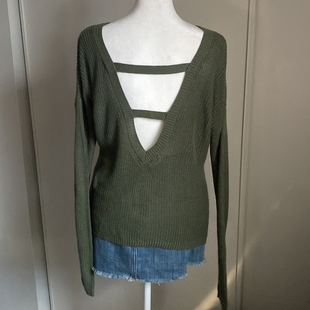 Full Tilt Olive Green Open Cutout Back Knit Sweater - Size Small